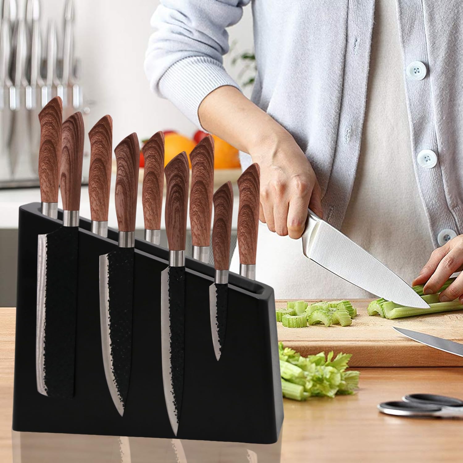 Resafy Magnetic Knife Holder - Black Wooden Block with Strong Magnets