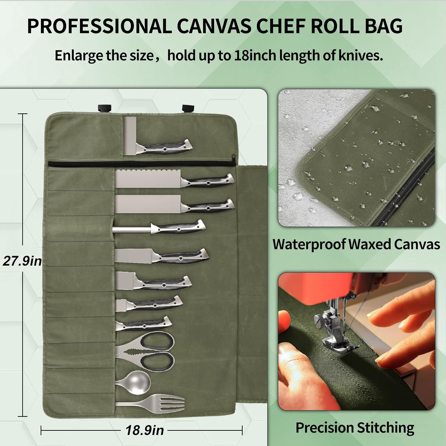 Chef Knife Roll Bag Waxed Canvas Waterproof Adjustable strap and 11 knife slots