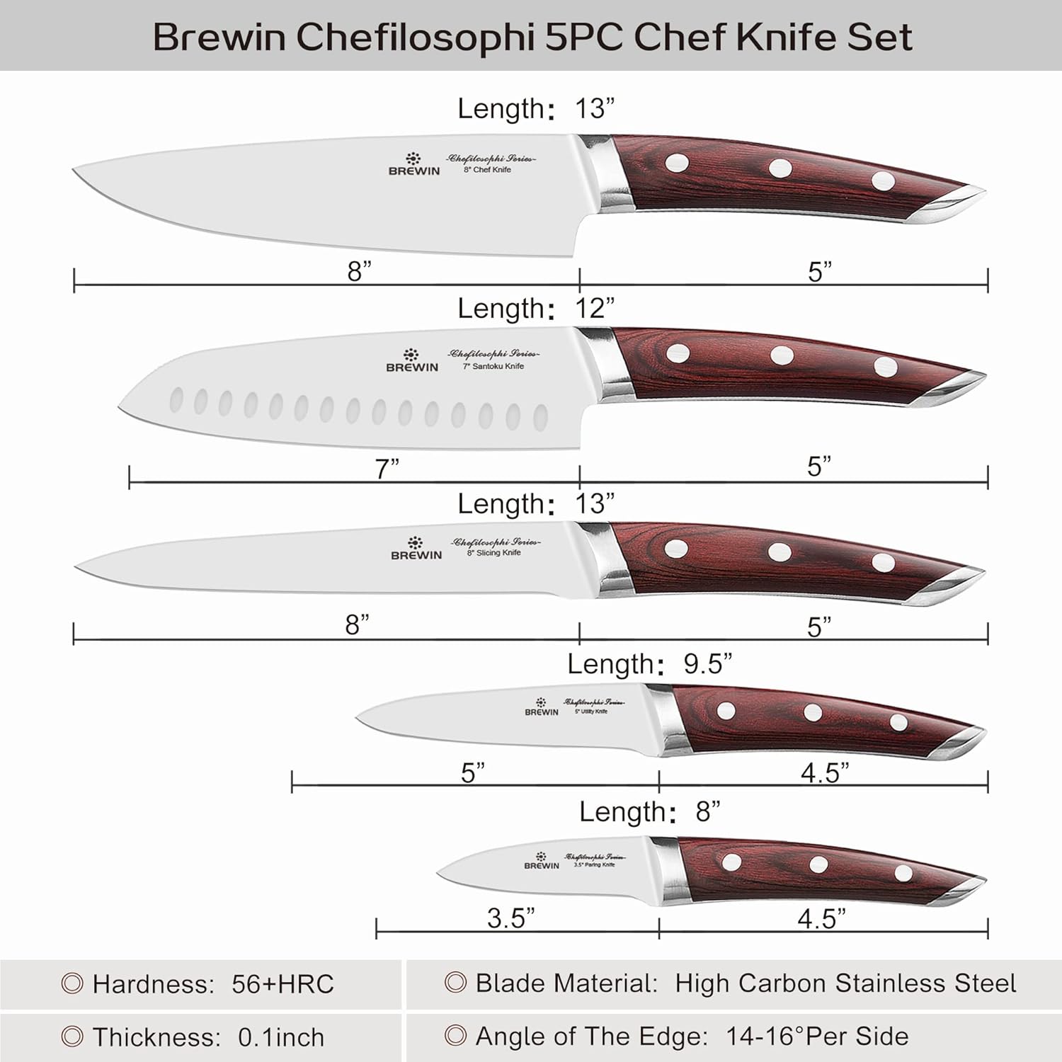 Brewins ChefiLOSOPHI Japanese Chef Knife Set 5PCS Ergonomic Design Complete Set