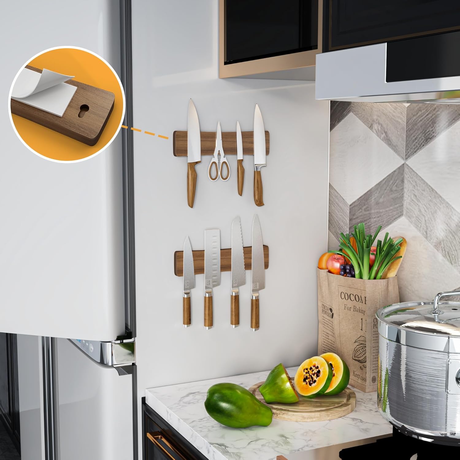 Magnetic Knife Holder Acacia Wood No Drill Installation