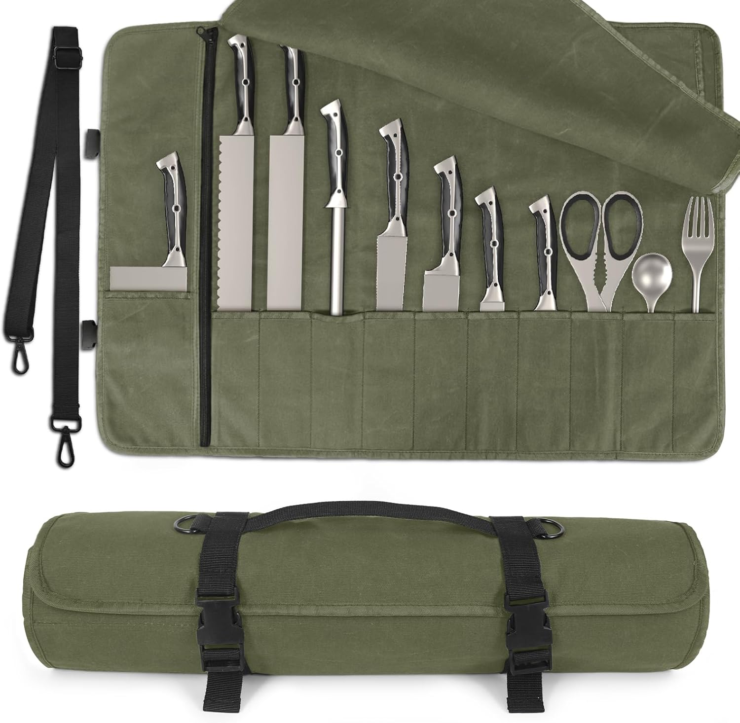 Chef Knife Roll Bag Waxed Canvas Waterproof Adjustable strap and 11 knife slots