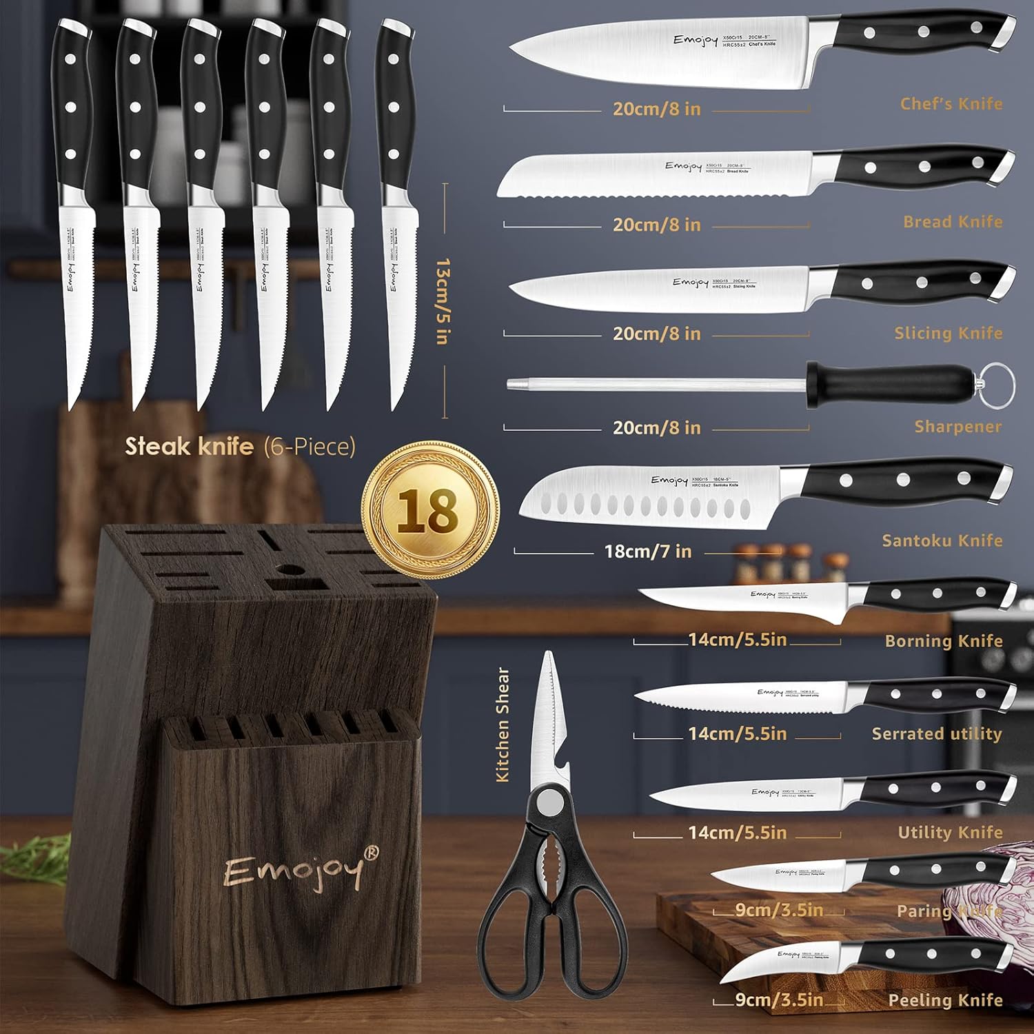 Manual 18-Piece German Stainless Steel Knife Set