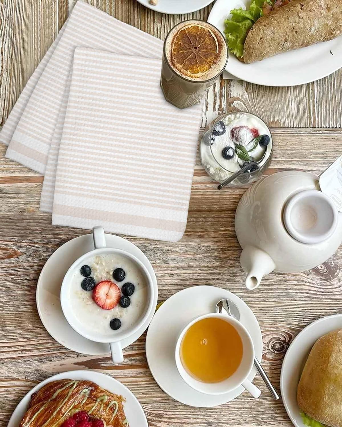 Light Brown Striped Waffle Kitchen Hand Towels Set of 3