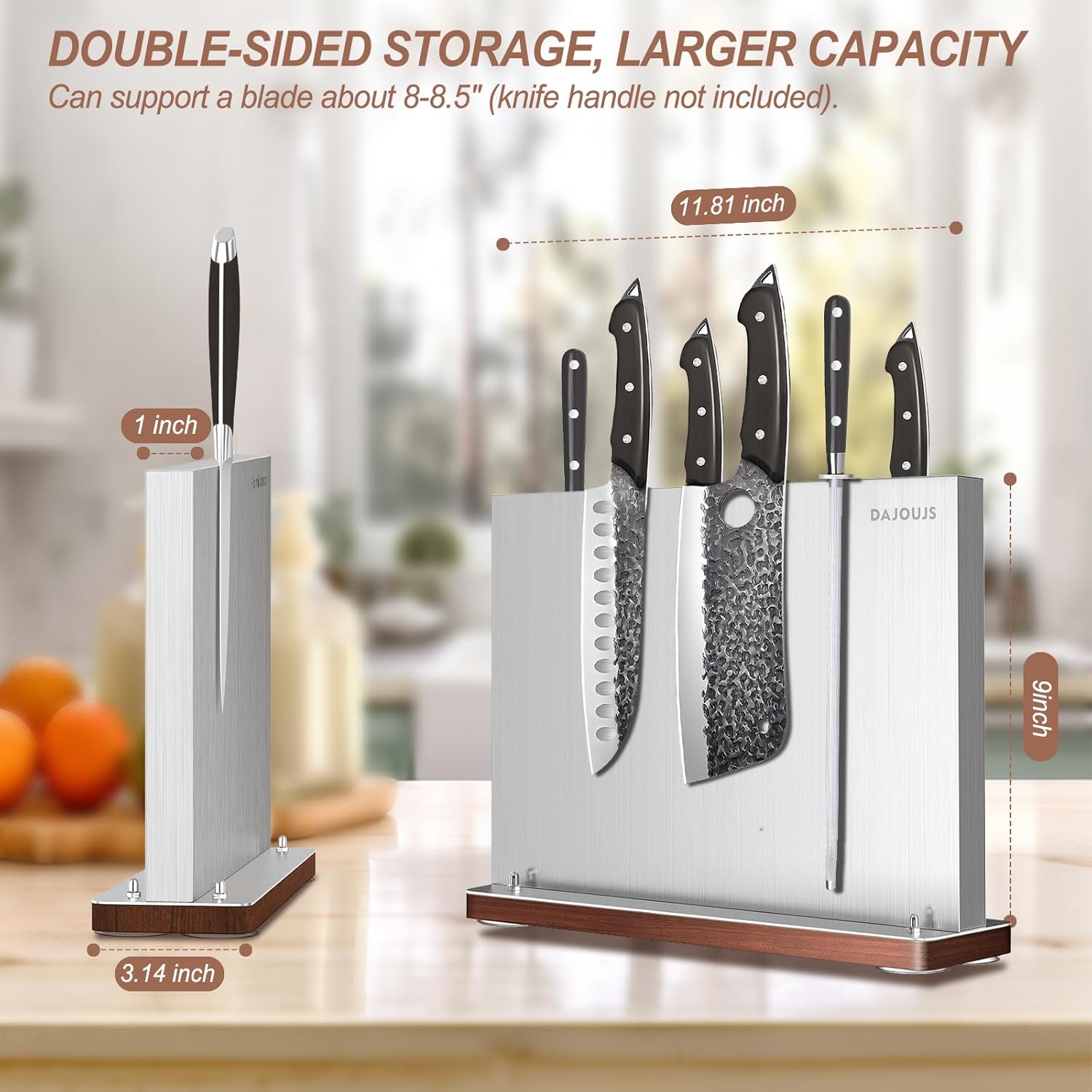 DAJOUJS Magnetic Knife Strip Holder with Wood Base