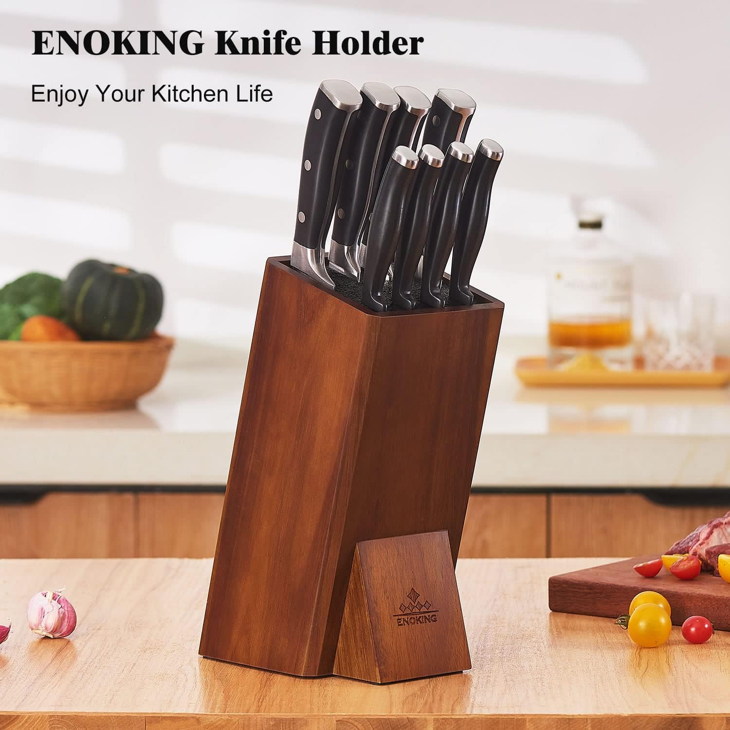 ENOKING Acacia Wood Knife Block with Removable Bristles
