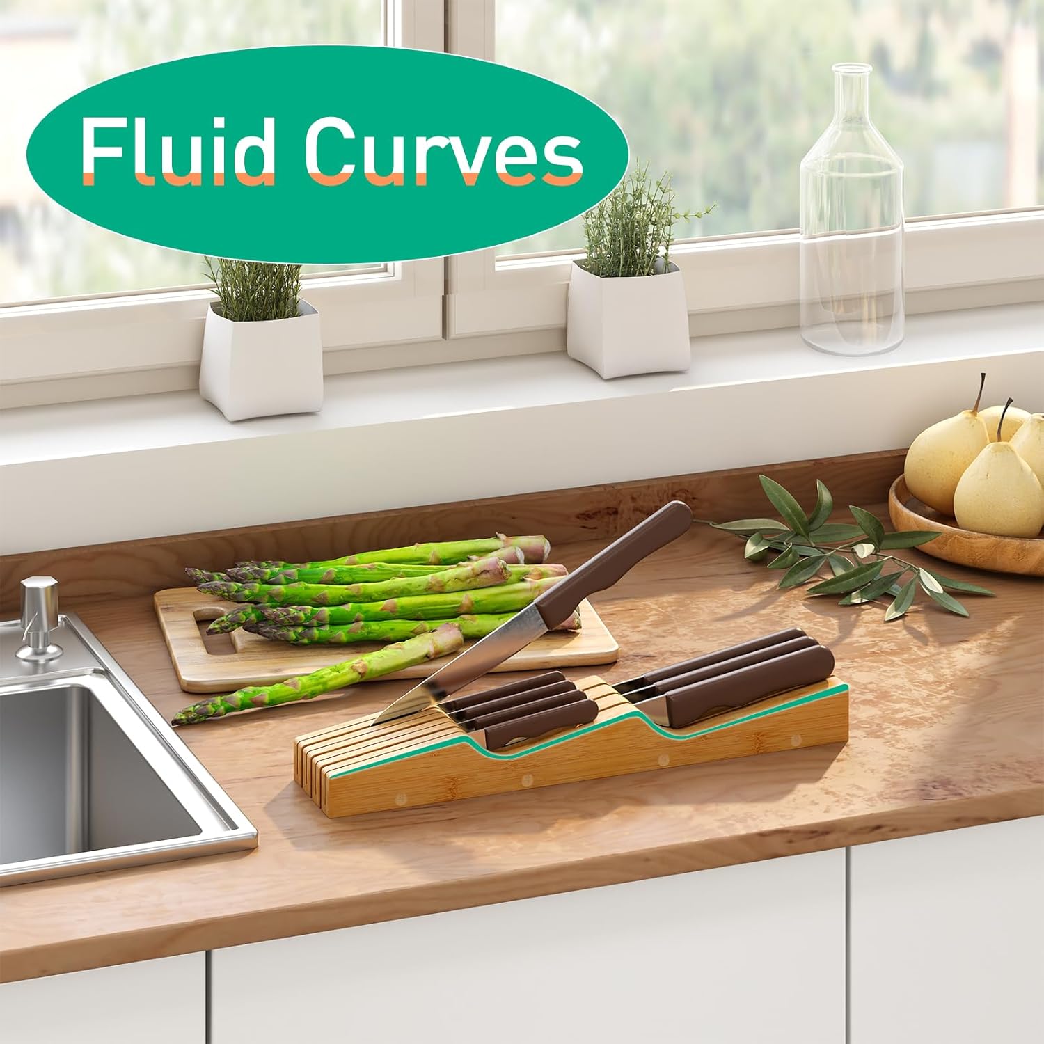 Knife Block for 7 Knives Bamboo Organizer