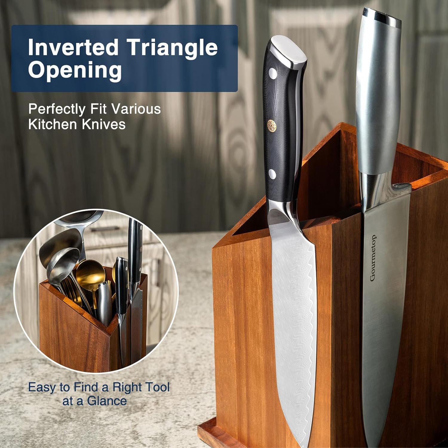 Gourmetop Magnetic Knife Holder Acacia Wood Universal Kitchen Utensil Holder Knife Block