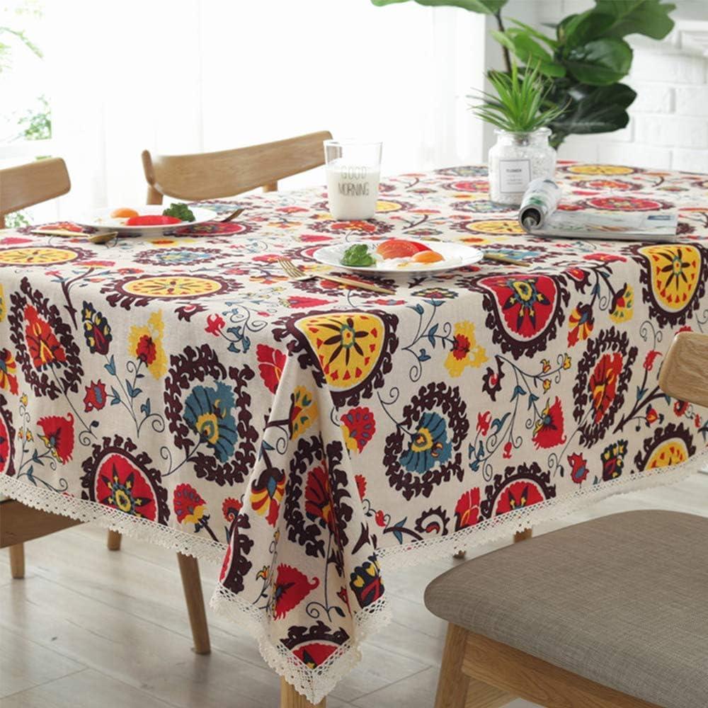 Aothpher Modern Boho Floral Jacquard Washable Tablecloth with Lace Edging
