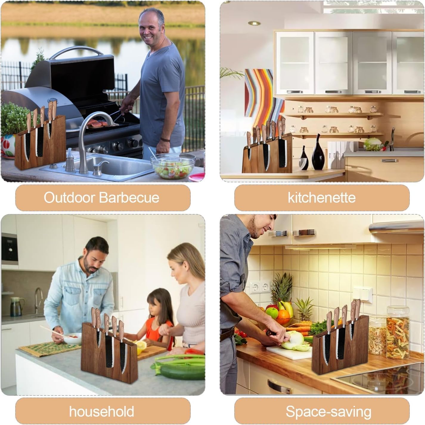 Resafy Magnetic Knife Holder - Black Wooden Block with Strong Magnets