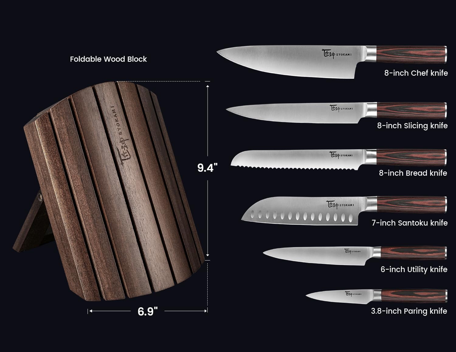 Seven-Piece Japanese Style Knife Set with Folding Magnetic Block