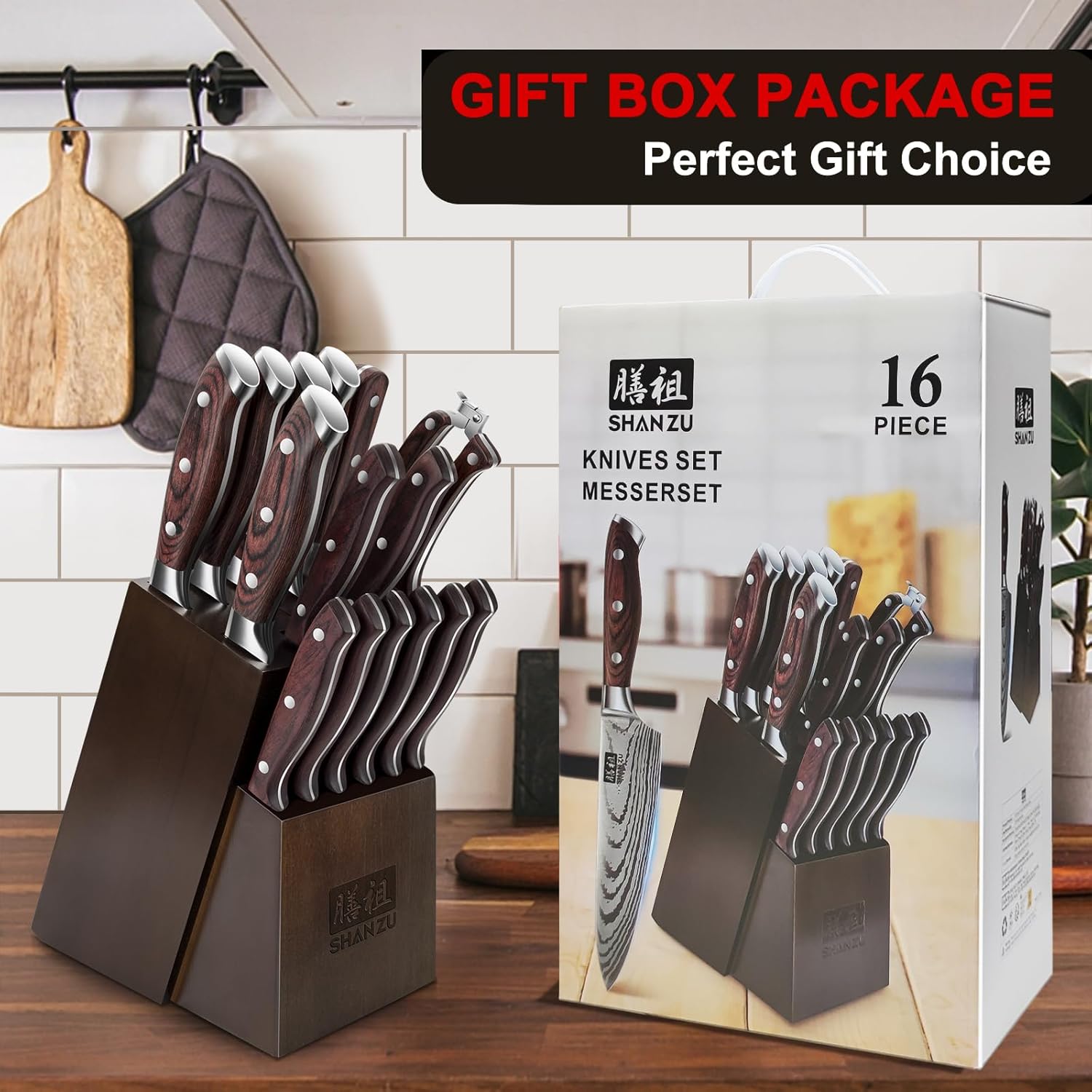 SHAN ZU 16 Piece Japanese Knife Set with Block and Sharpener