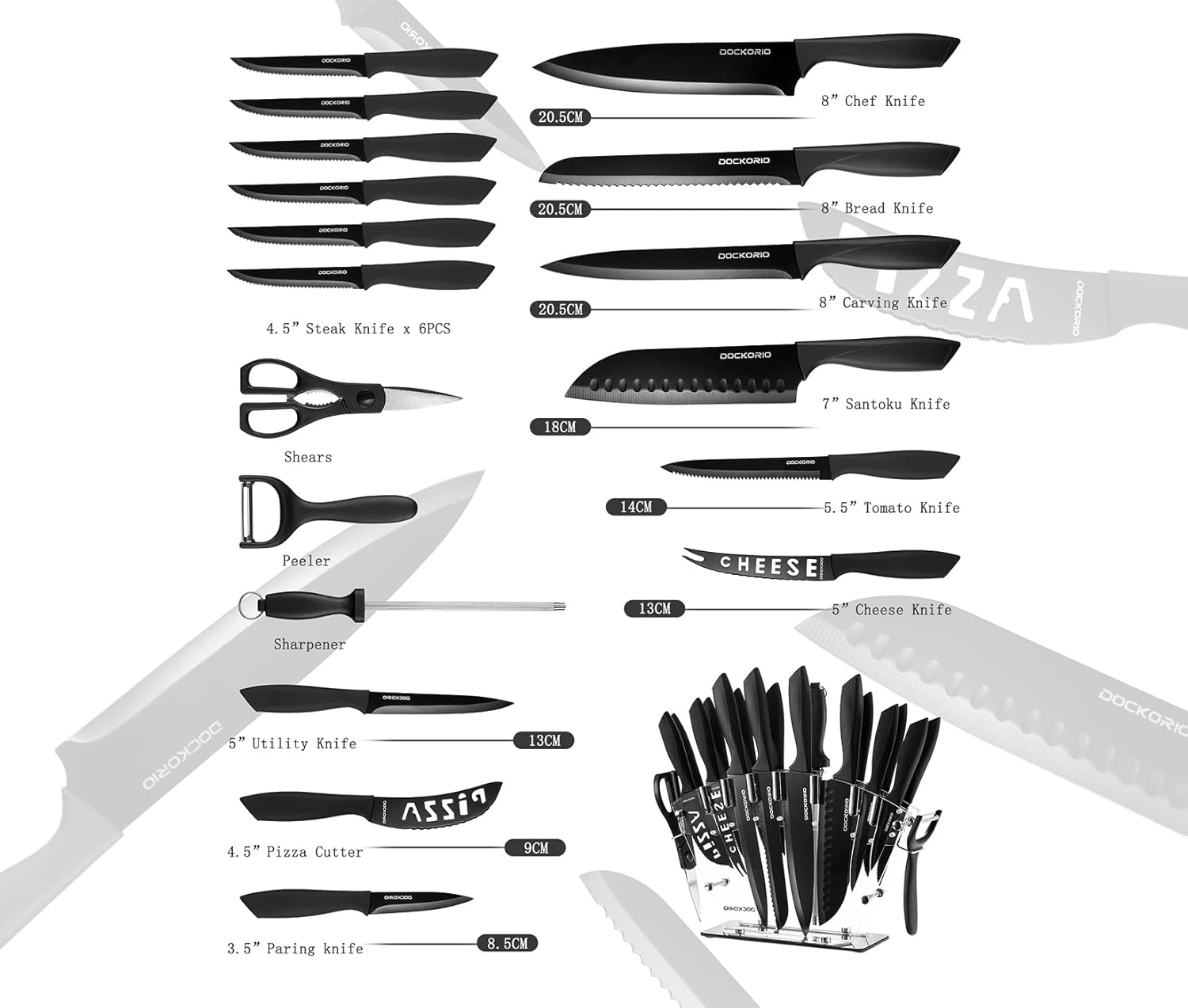 19-Piece Kitchen Knife Set with BlockCompact Durable Design