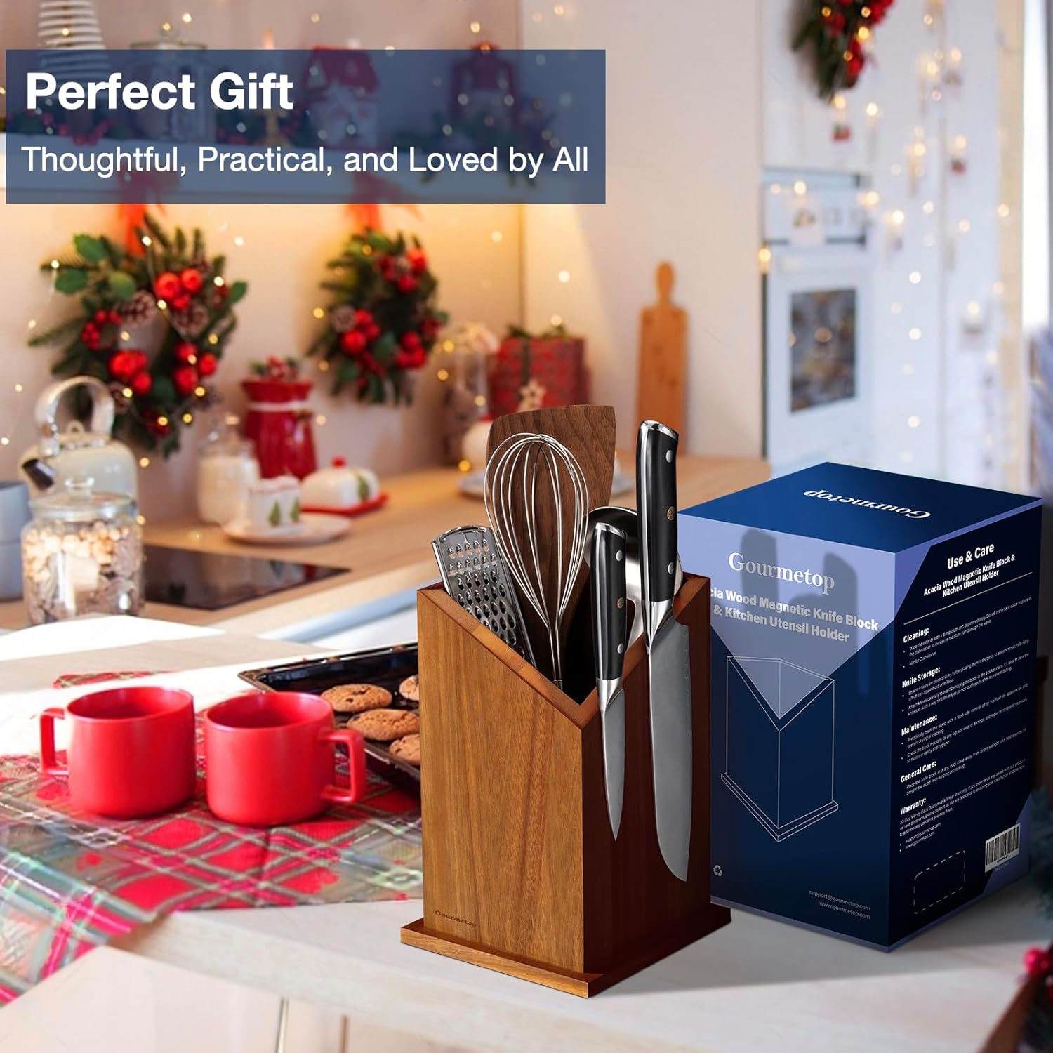 Gourmetop Magnetic Knife Holder Acacia Wood Universal Kitchen Utensil Holder Knife Block