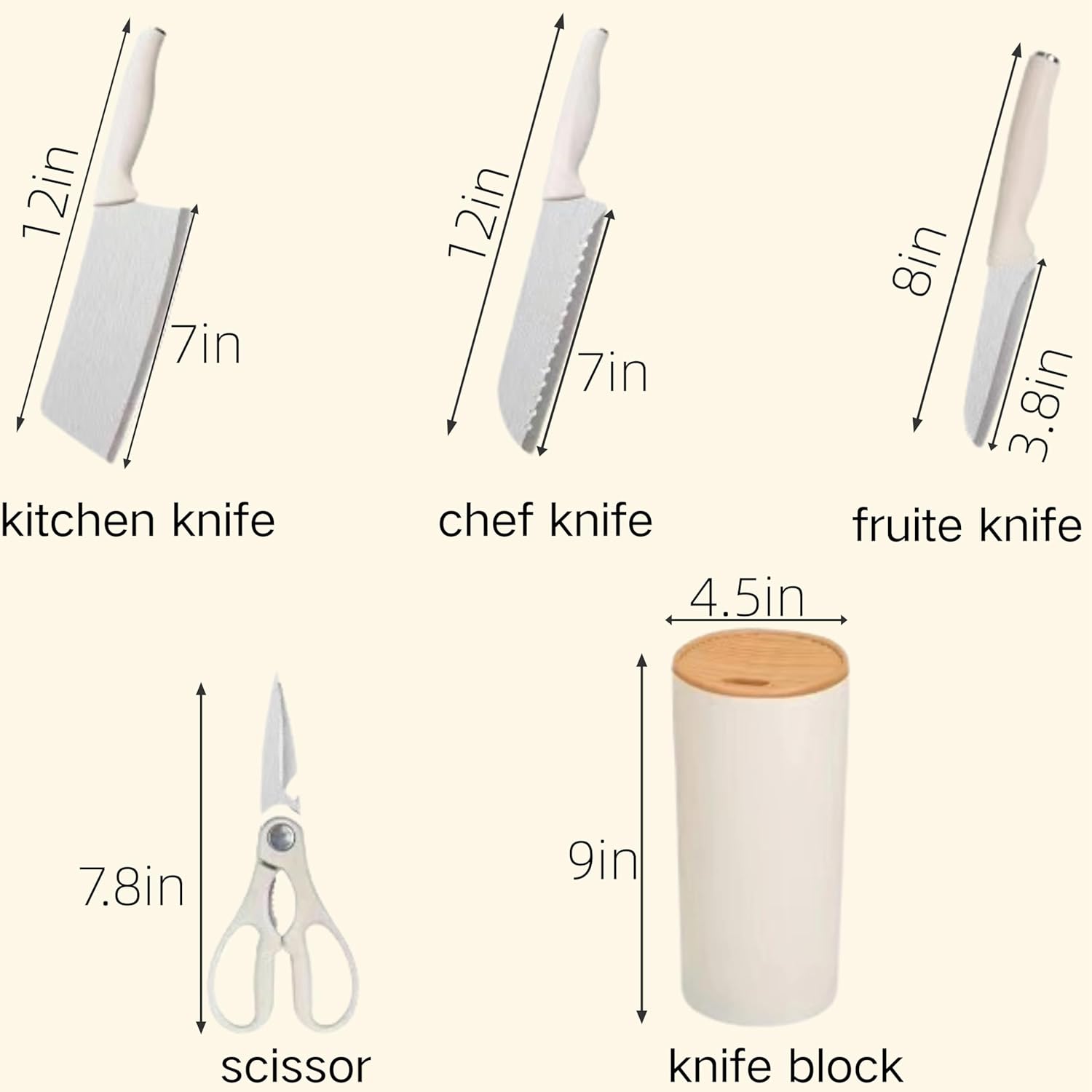 Small Knife Block Set 5PCS White Compact Kitchen Tools For Apartments Campers