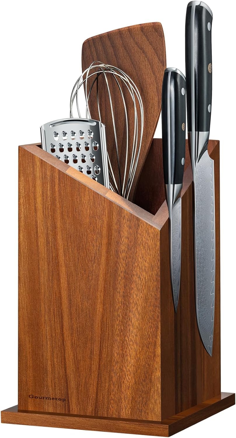 Gourmetop Magnetic Knife Holder Acacia Wood Universal Kitchen Utensil Holder Knife Block