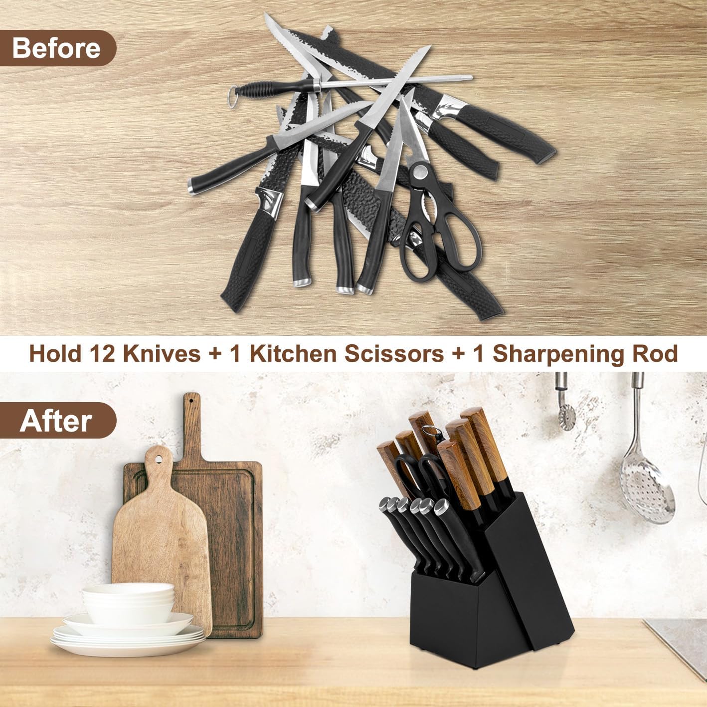 RedCall 14 Slot Knife Block Holder - Black Wood Bamboo Kitchen Organizer