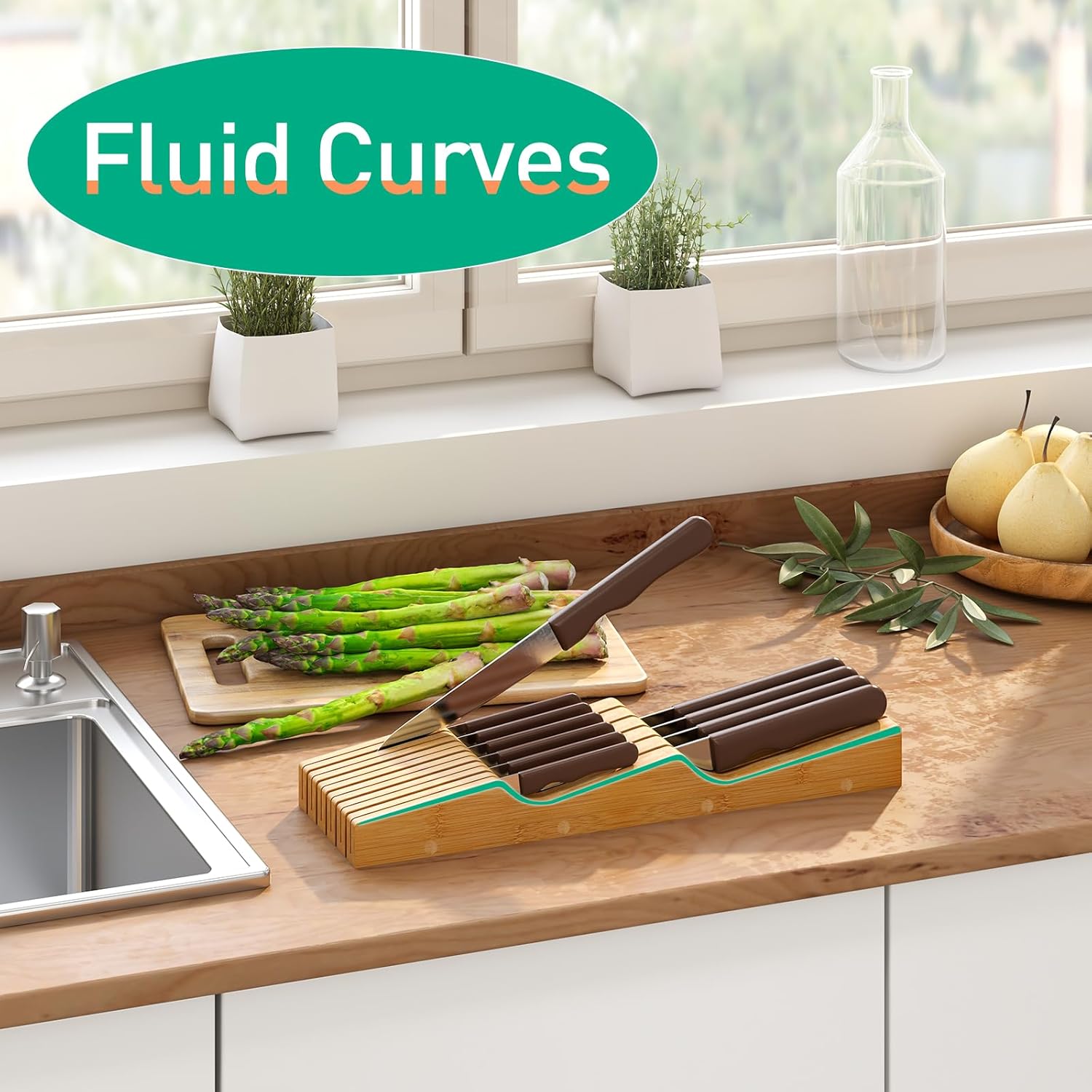 KiPlantDouble Purpose Organizer for Bamboo Wooden Drawer Knives Cutlery Storage
