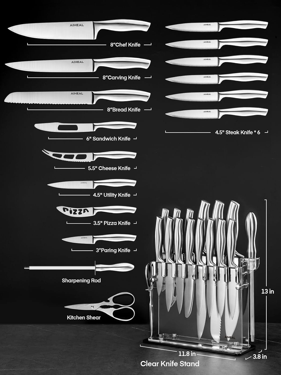 Aiheal Premium 17-Piece All-Purpose Knife Set