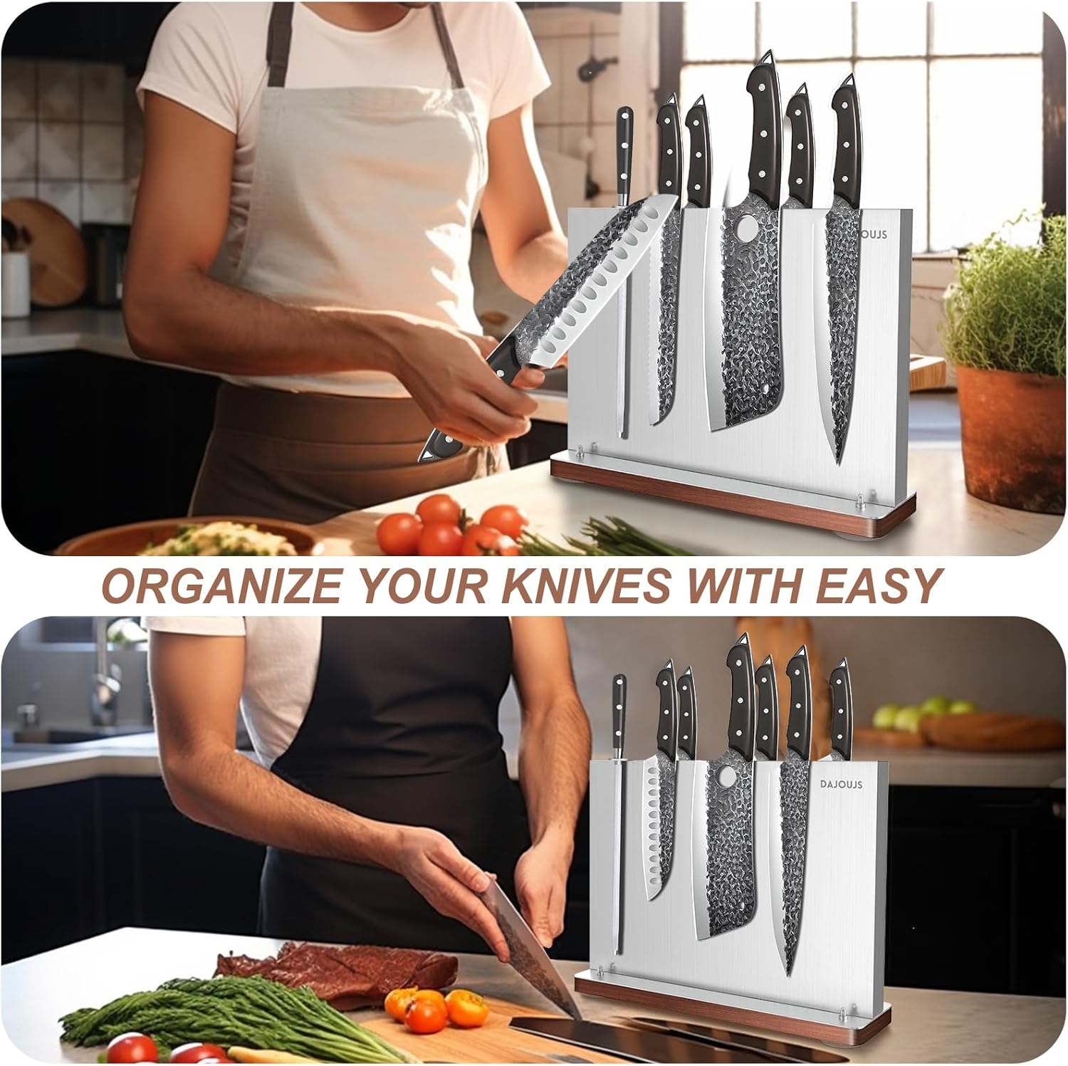 DAJOUJS Magnetic Knife Strip Holder with Wood Base
