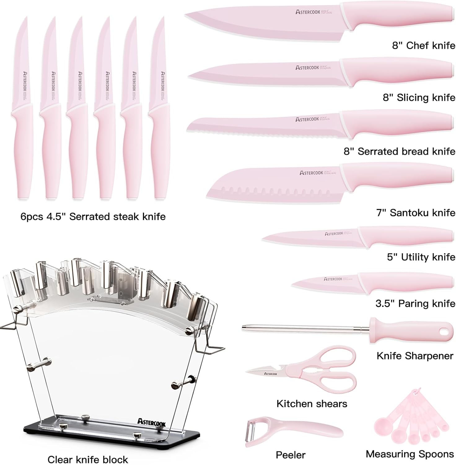 Astercook Crystal Pink 22-Piece Knife Block Set