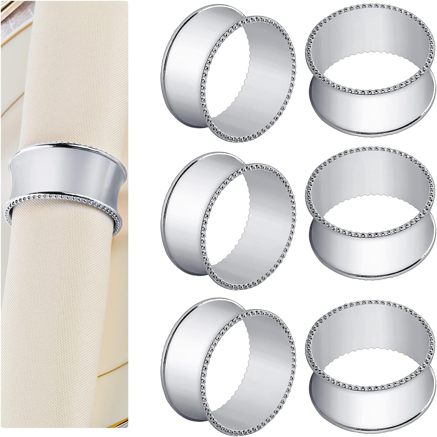 Stainless Steel Bead Side Napkin Rings 6-Piece Set