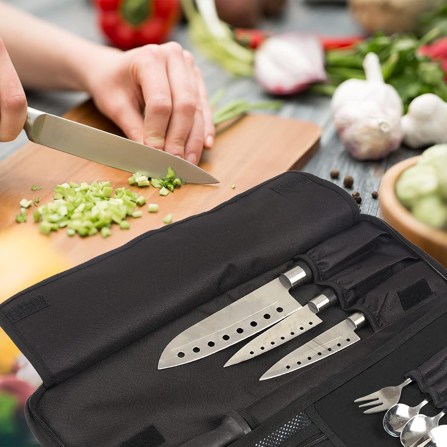 Premium Chefs Knife Roll Bag 13 Slots Zippered Closure