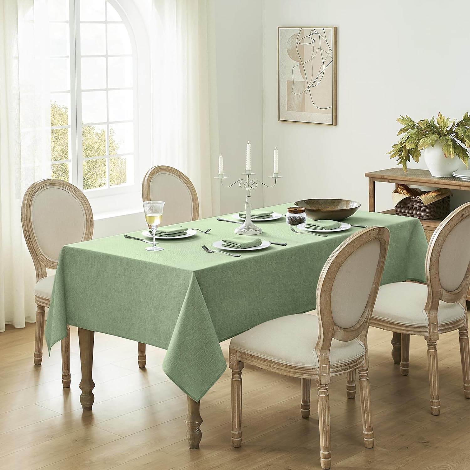Softalker Rustic Linen Textured Tablecloth Waterproof Wipeable Sage Green 60x84
