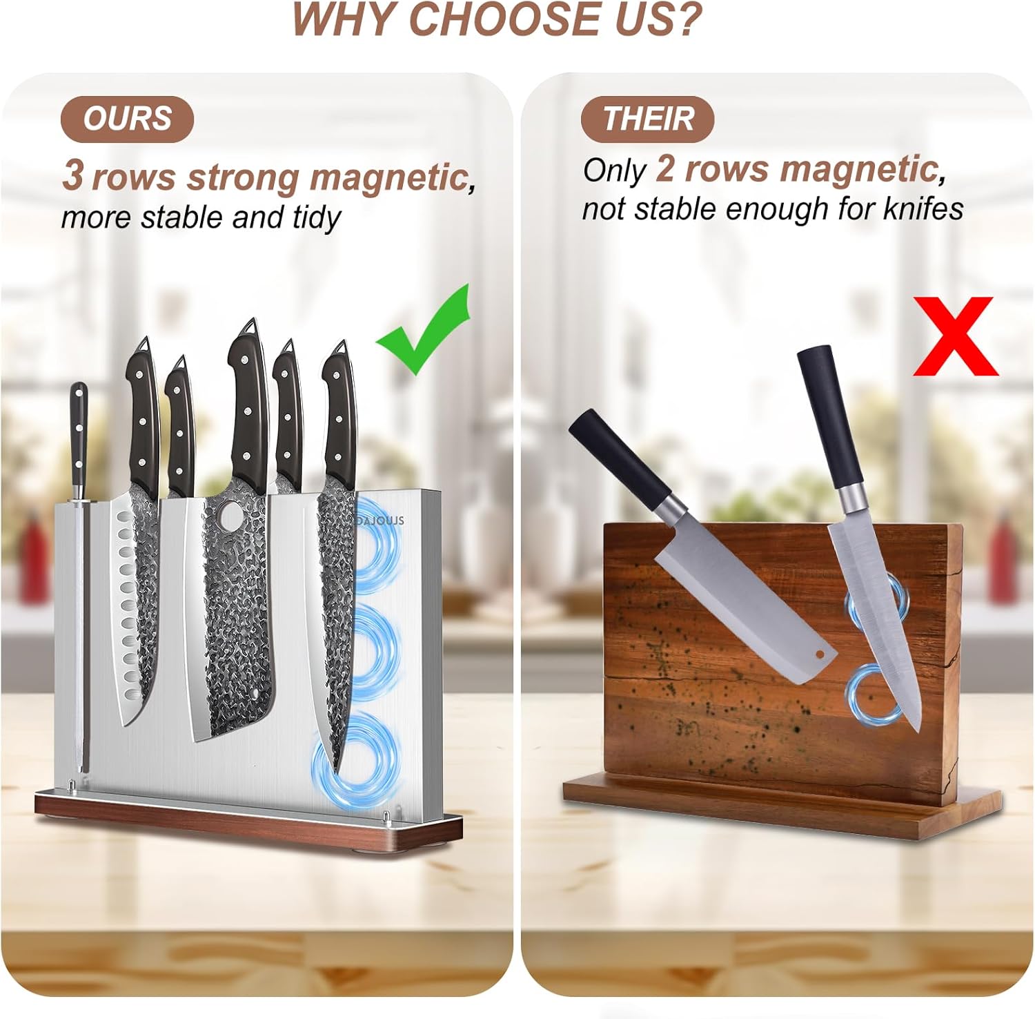 DAJOUJS Magnetic Knife Strip Holder with Wood Base