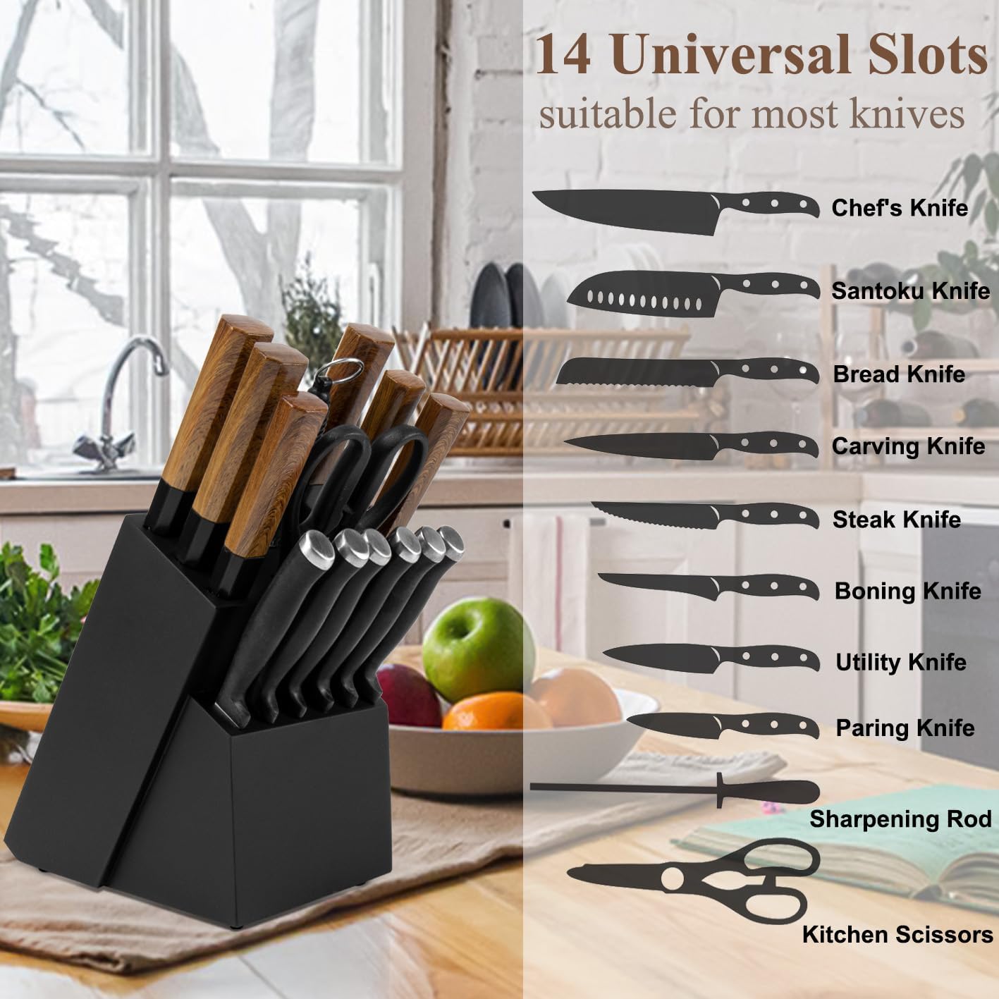 RedCall 14 Slot Knife Block Holder - Black Wood Bamboo Kitchen Organizer