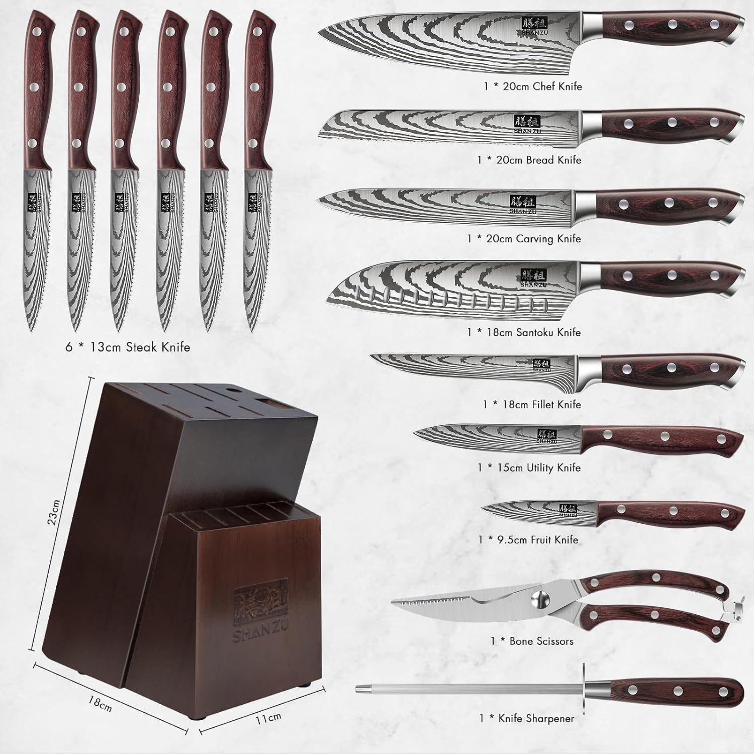 SHAN ZU 16 Piece Japanese Knife Set with Block and Sharpener