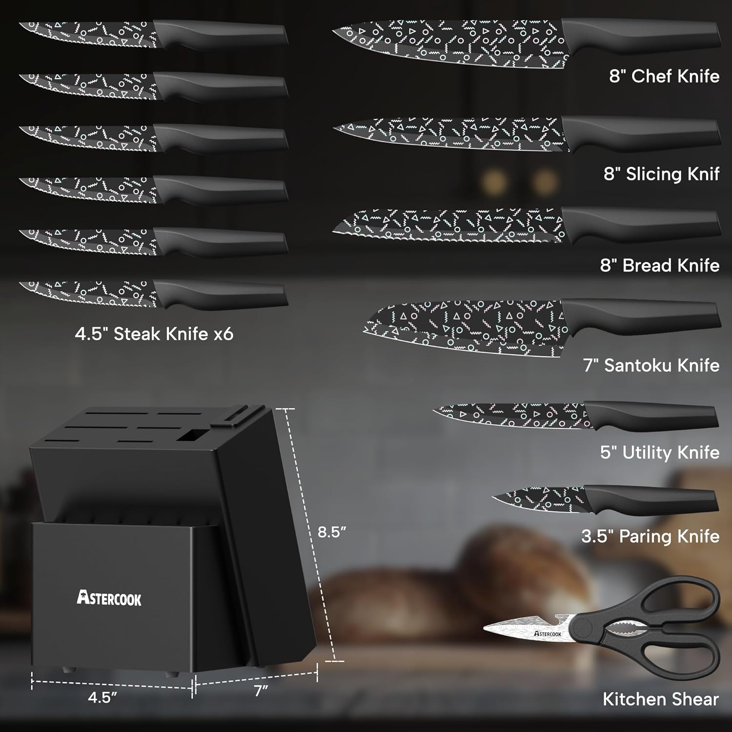 Astercook 15-Piece Knife Set with Built-in Sharpener