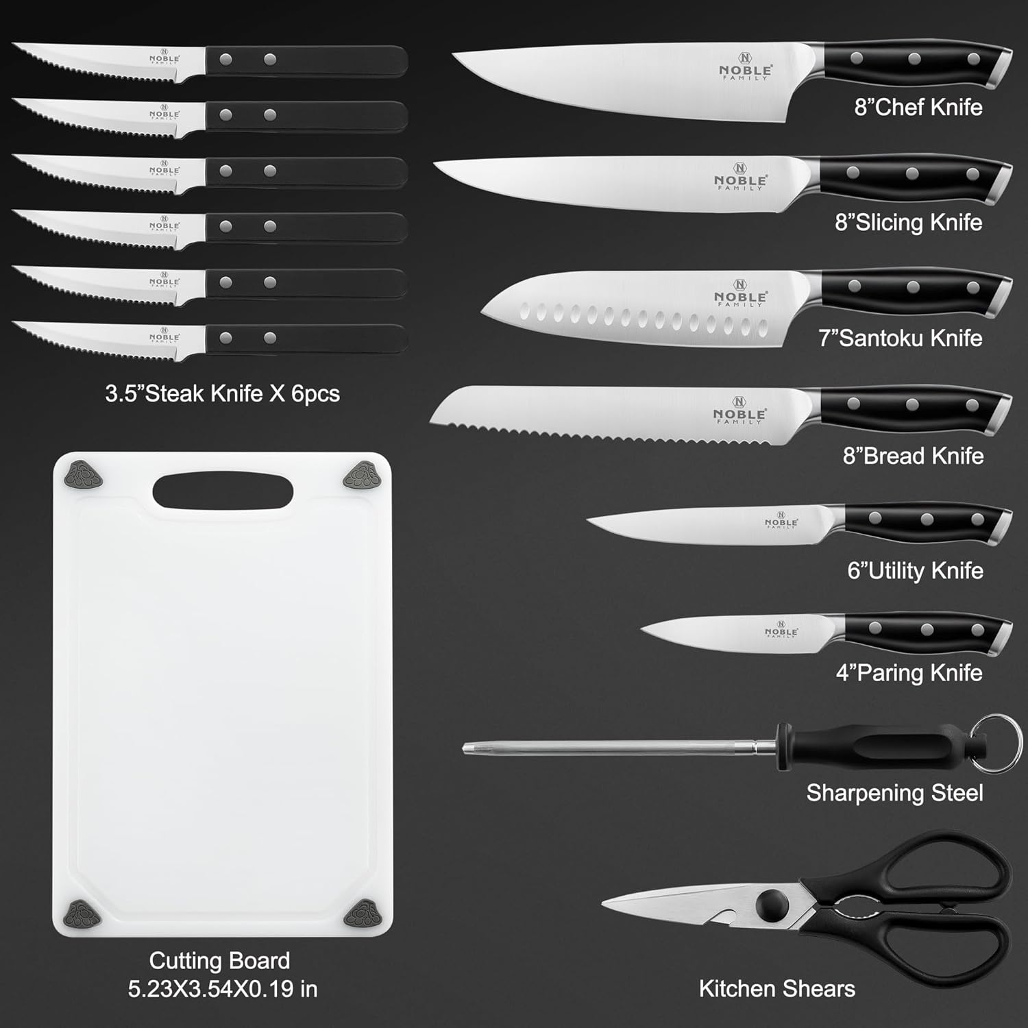 N NOBLE FAMILY 16Pcs Knife Set with Block and Sharpener