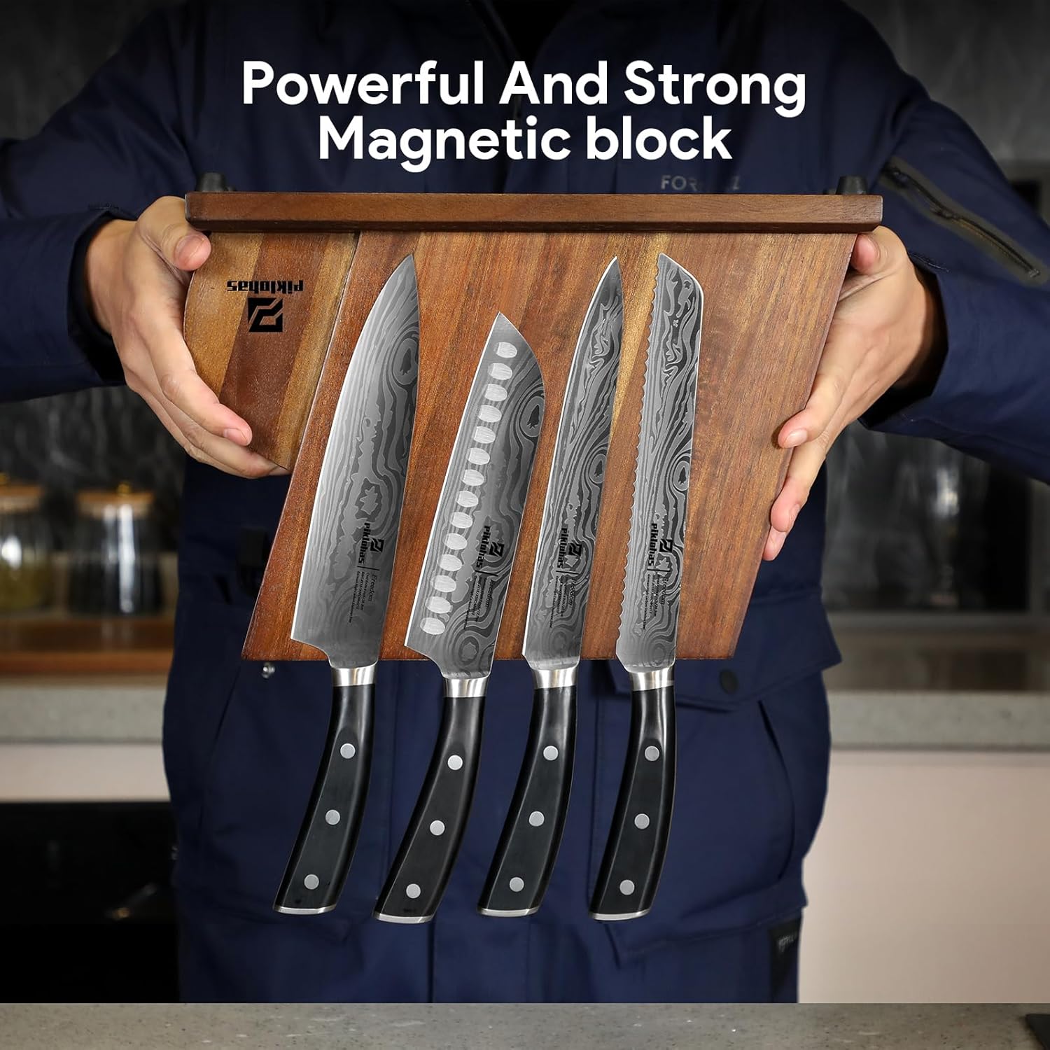 17-Piece German Damascus knives set with magnetic holder Precision sharpness Ergonomic design
