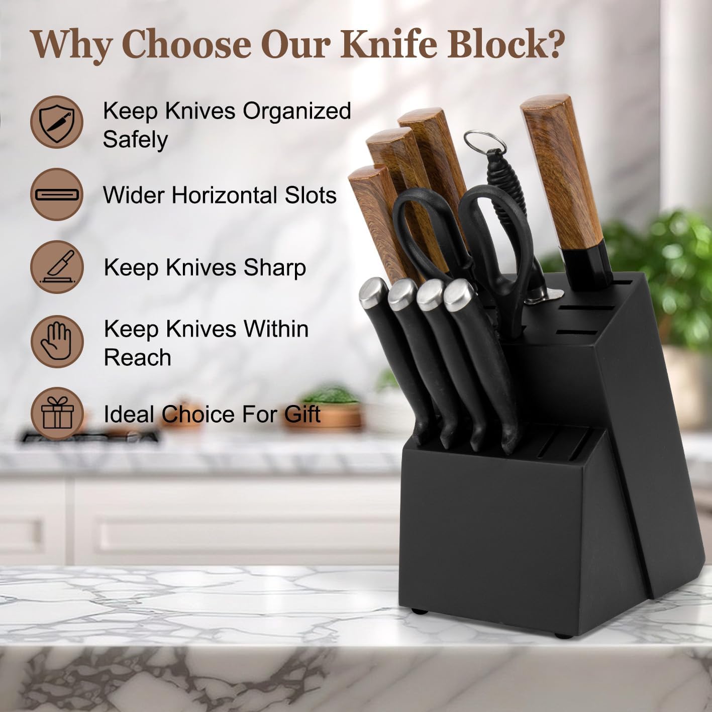 RedCall 14 Slot Knife Block Holder - Black Wood Bamboo Kitchen Organizer
