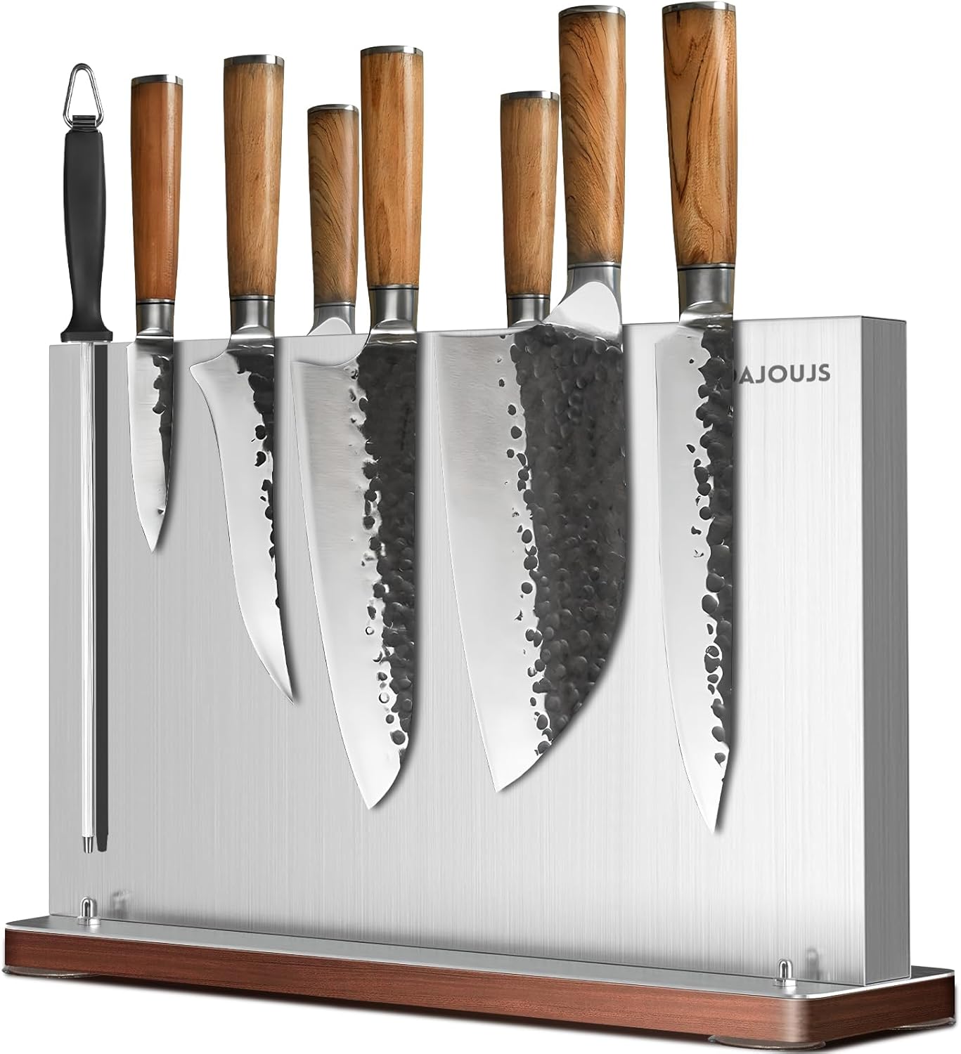 DAJOUJS Magnetic Knife Strip Holder with Wood Base