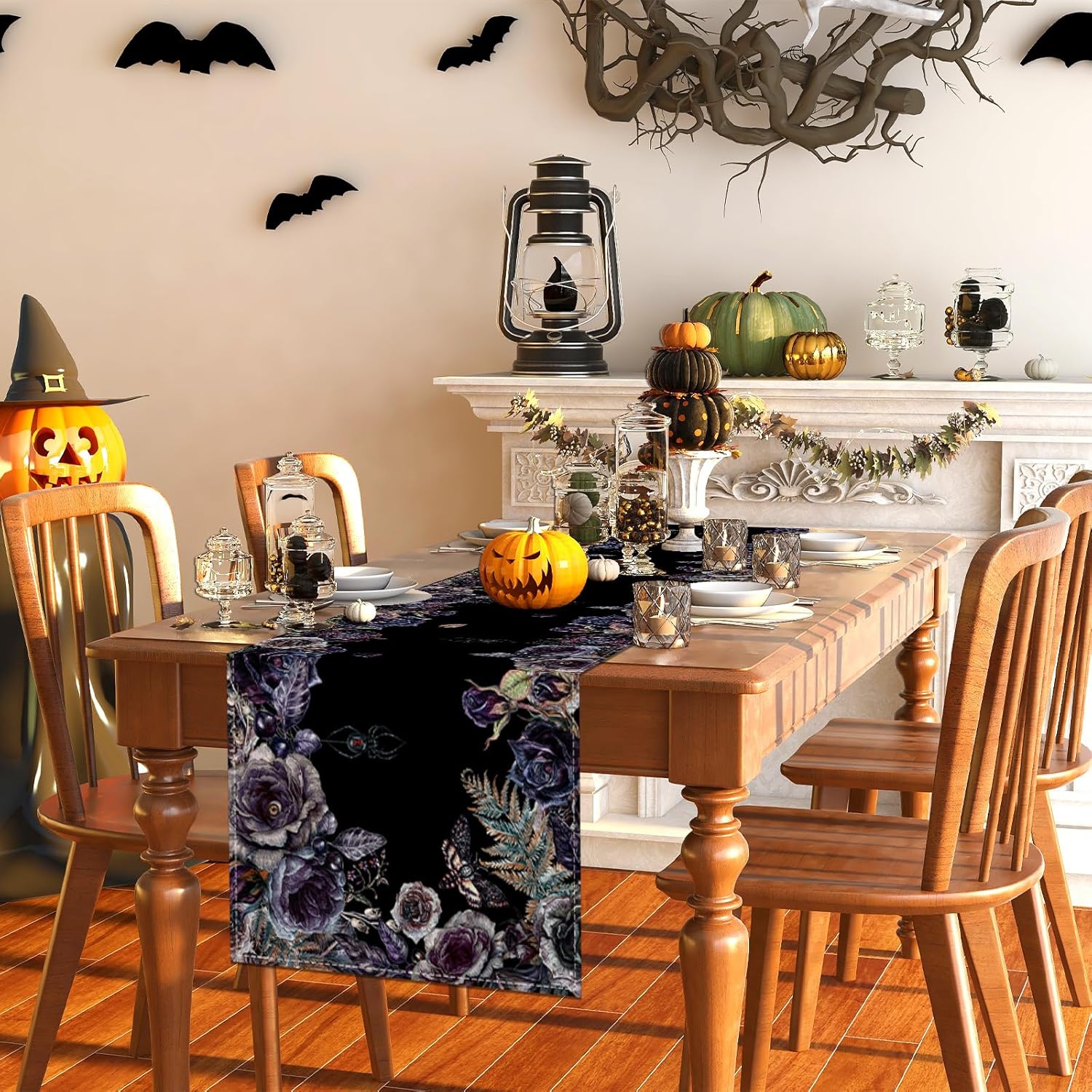 Rvsticty Gothic Skull Roses Table Runner
