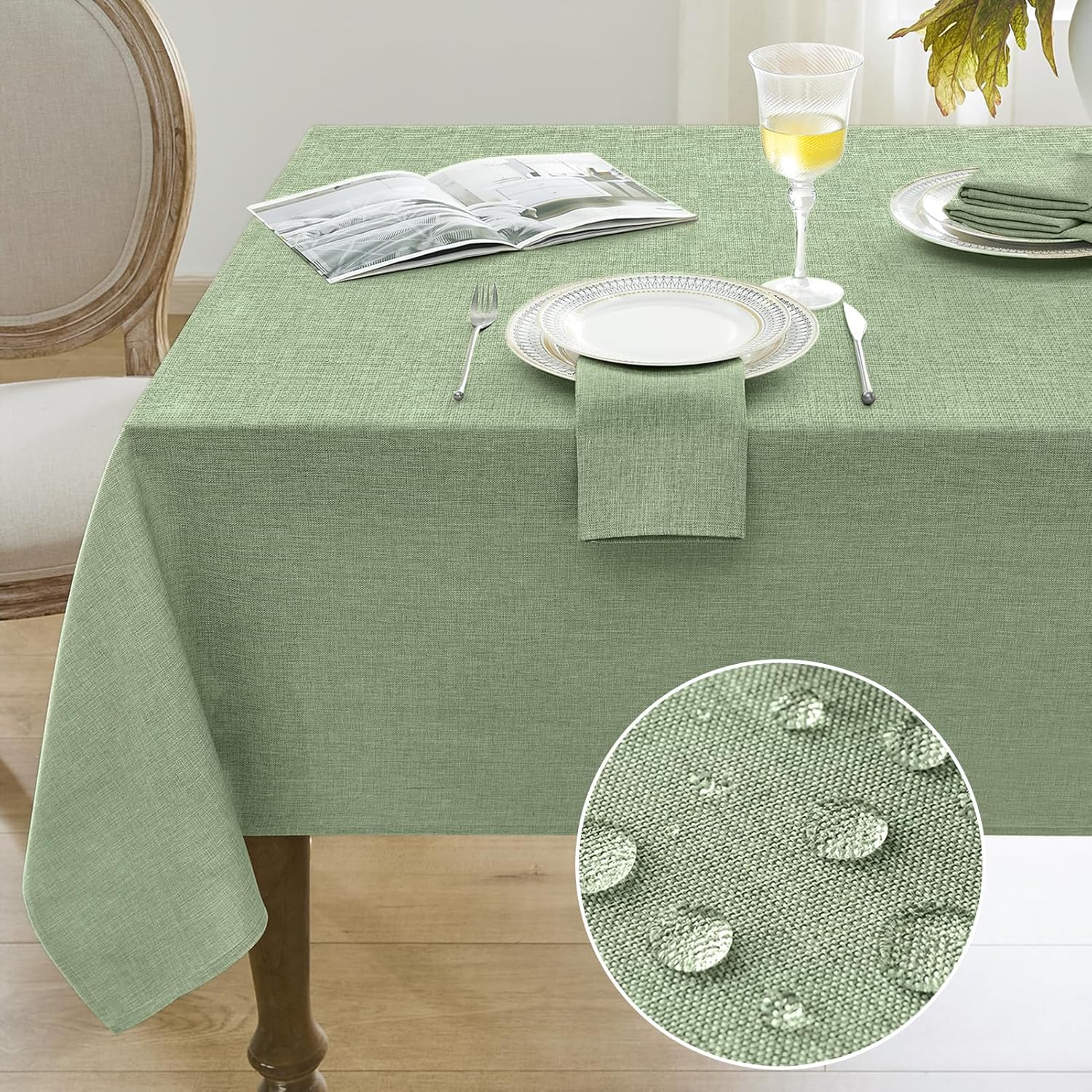 Softalker Rustic Linen Textured Tablecloth Waterproof Wipeable Sage Green 60x84