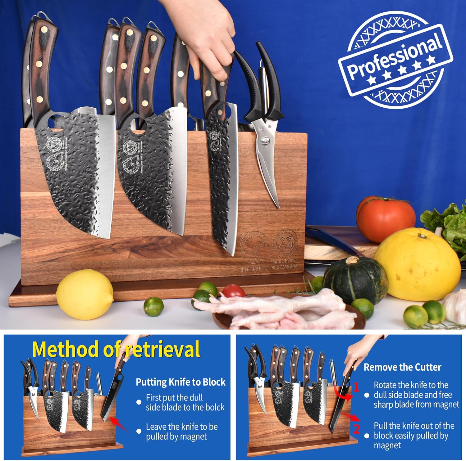 XYJExtra Large Magnetic Knife Block Organizer for Acacia Wood Kitchen Knives