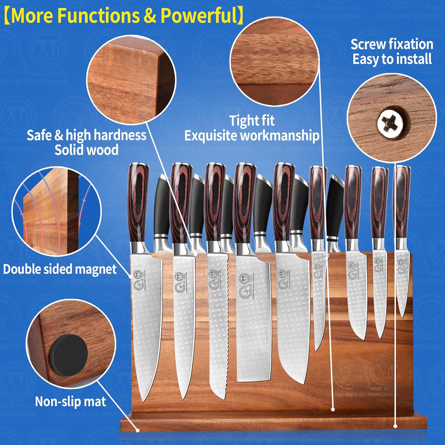 XYJExtra Large Magnetic Knife Block Organizer for Acacia Wood Kitchen Knives