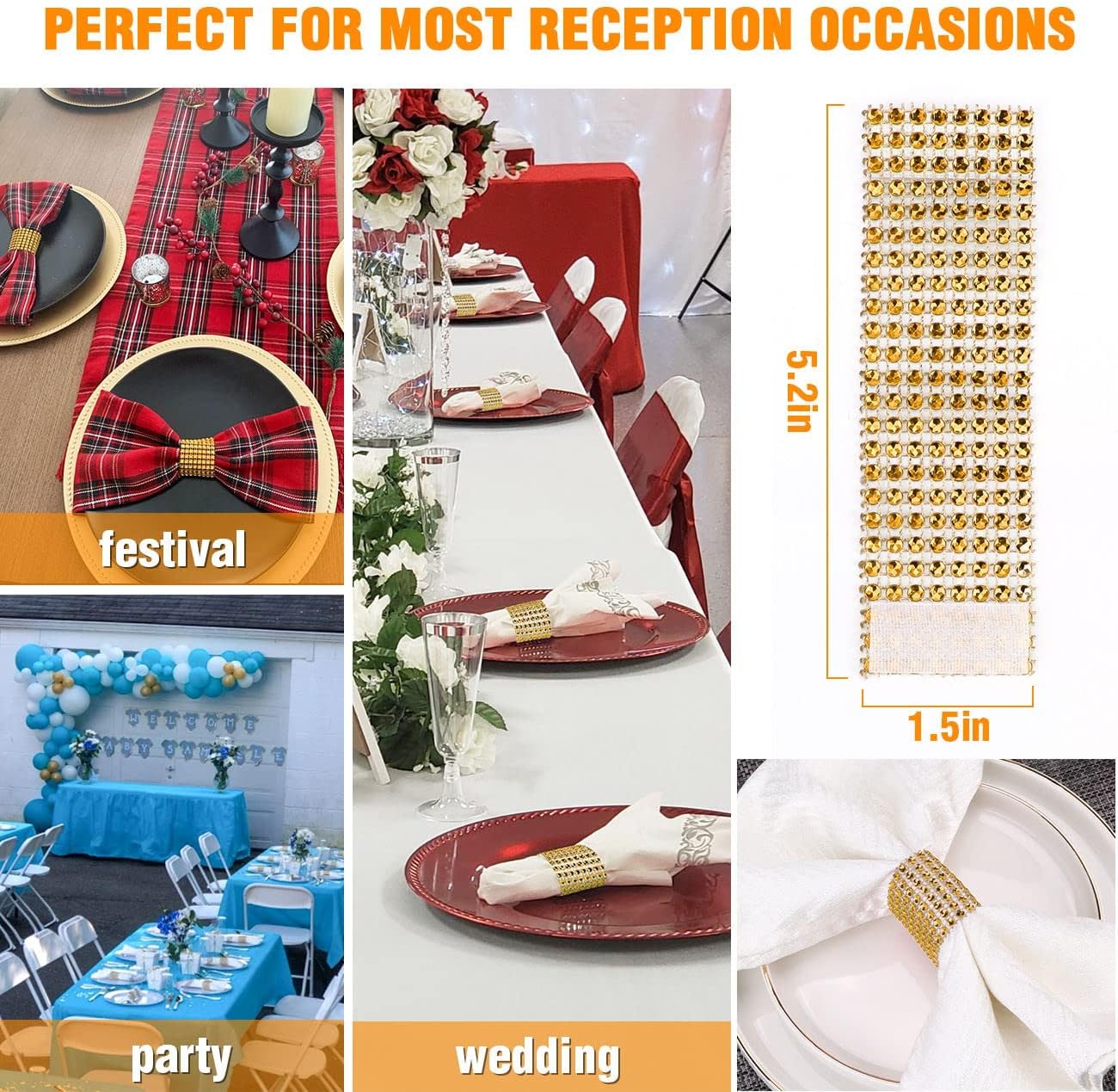 Bling Napkin Rings Set of 150 Rhinestone Gold Napkin Holder