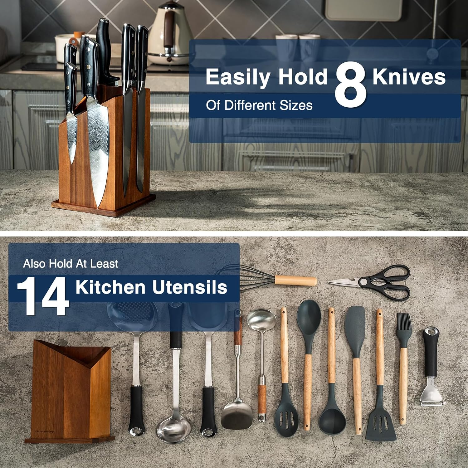 Gourmetop Magnetic Knife Holder Acacia Wood Universal Kitchen Utensil Holder Knife Block