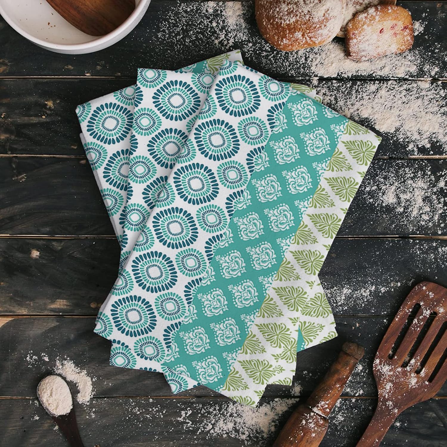 ZOE GARDEN 4-Piece Premium Dish Towels Durable Luxurious Blue Green Turquoise Stripe