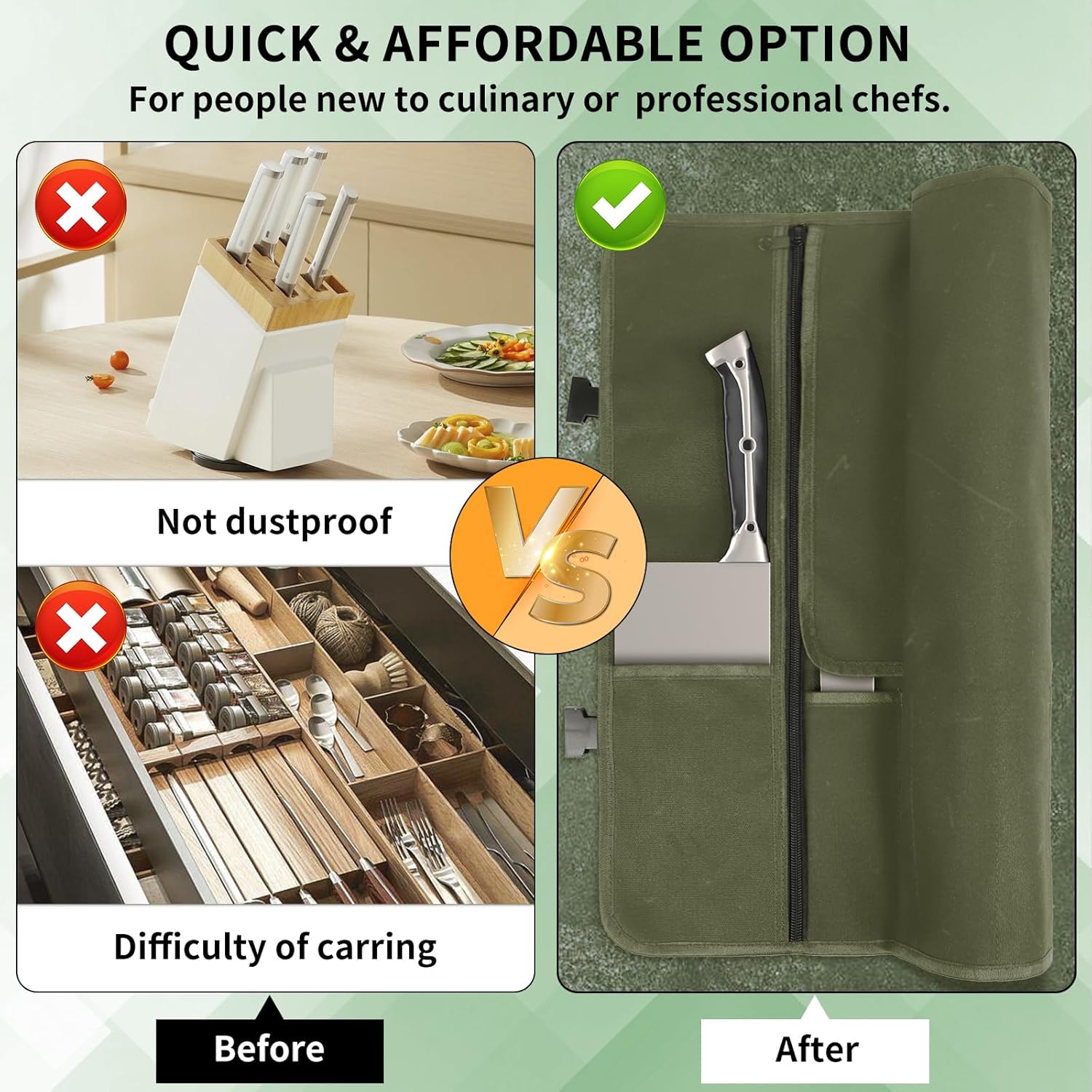 Chef Knife Roll Bag Waxed Canvas Waterproof Adjustable strap and 11 knife slots