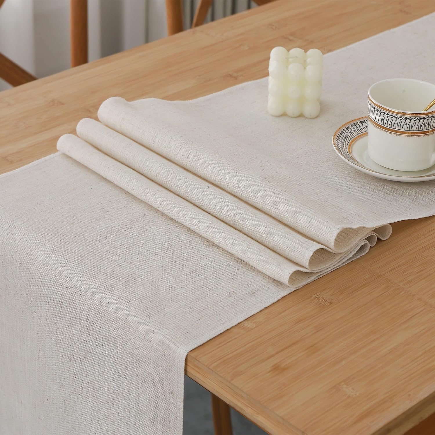 FANTELOO Natural Beige Faux Linen Table Runner Farmhouse Style 13x60 inches