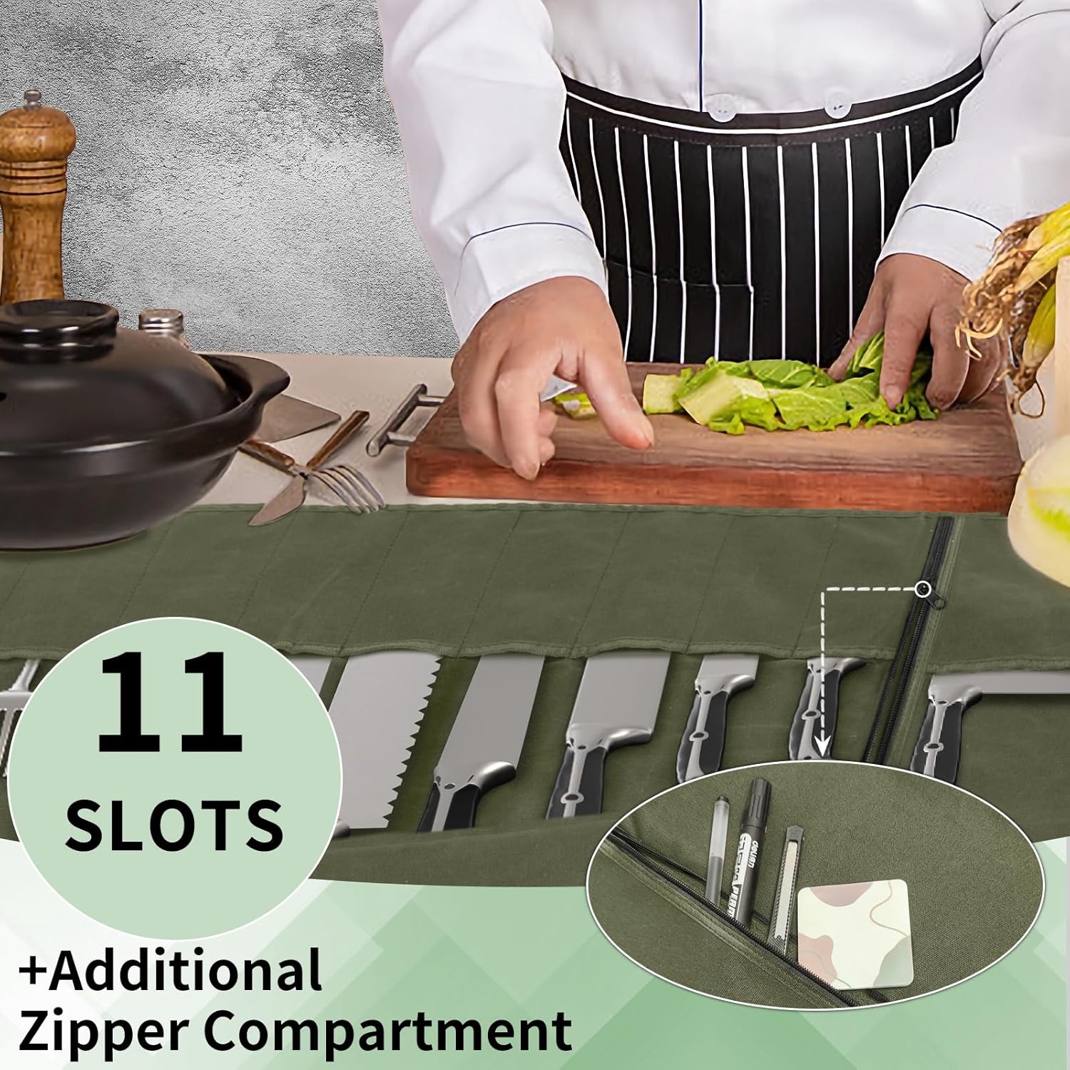 Chef Knife Roll Bag Waxed Canvas Waterproof Adjustable strap and 11 knife slots