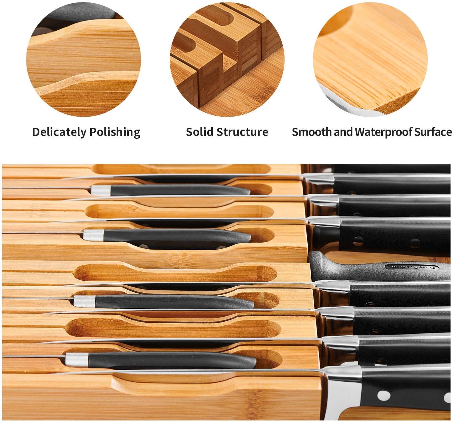 VaeFae In-Drawer Knife Block Bamboo Knife Organizer for 16 Knives Sharpener
