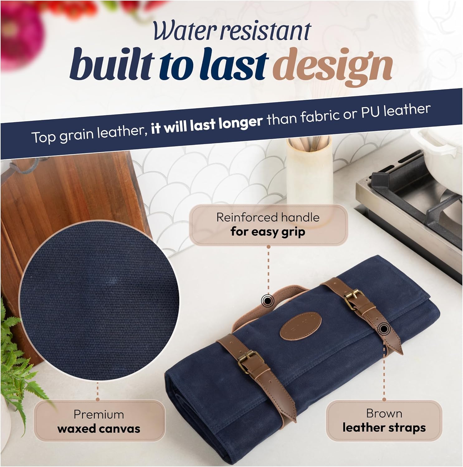 Chefs Knife Roll Bag with Top Grain Leather Waxed Canvas