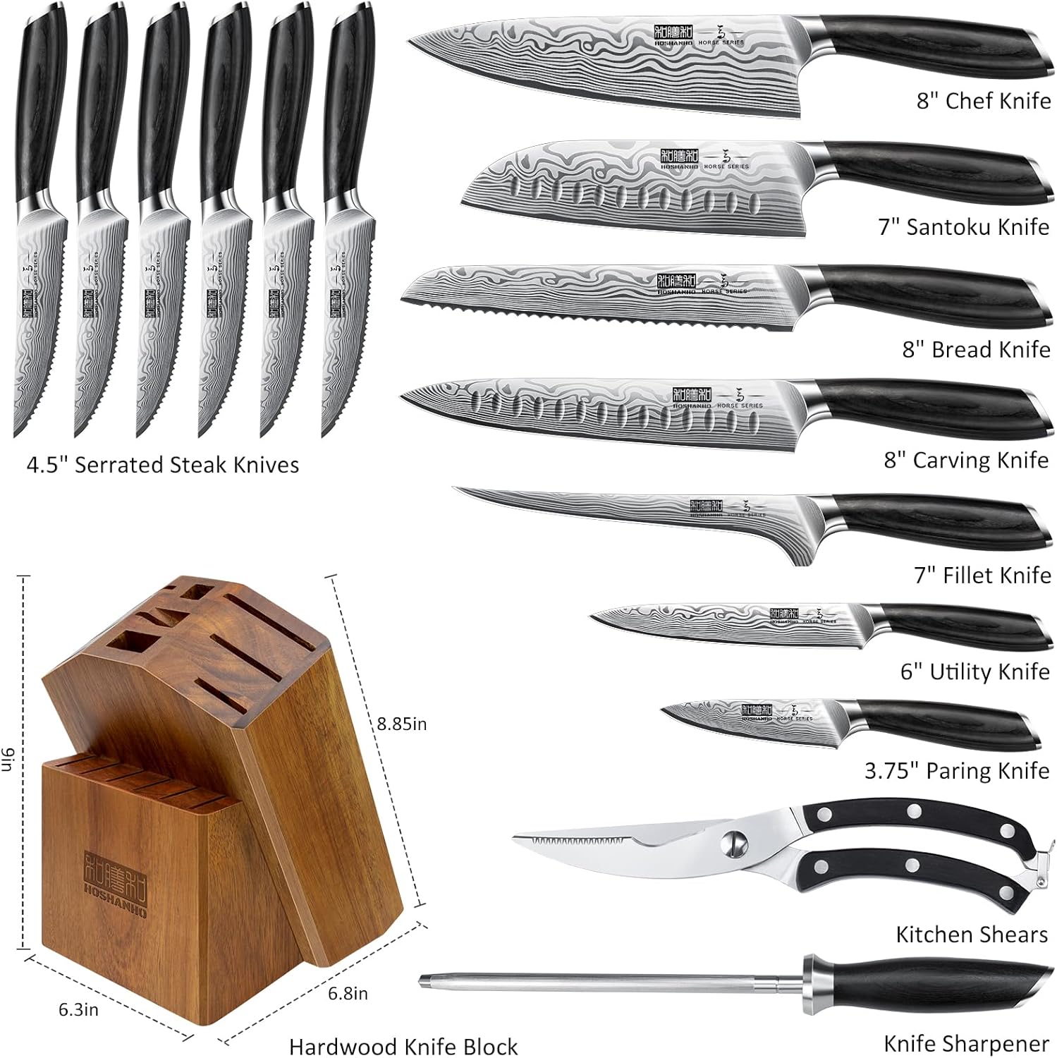 HOSHANHO 16-Piece Knife Set with Block and Sharpener