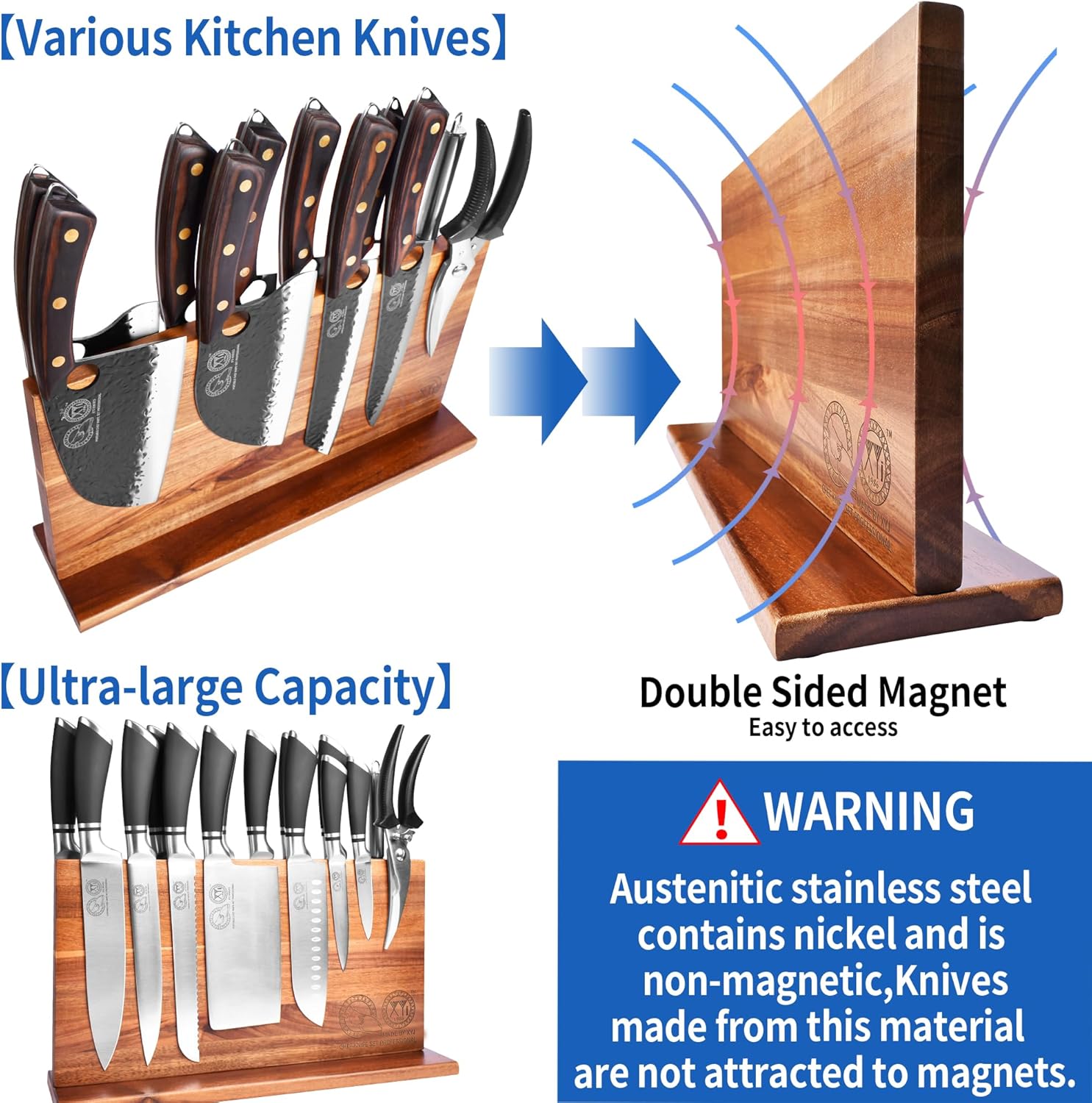 XYJExtra Large Magnetic Knife Block Organizer for Acacia Wood Kitchen Knives