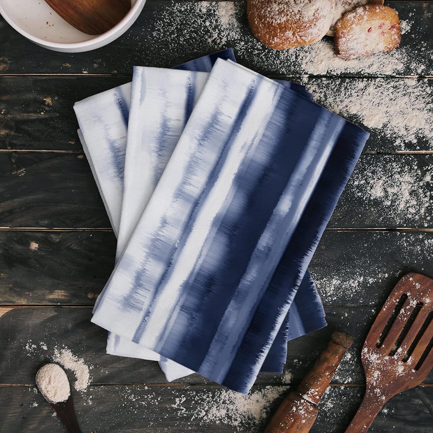 ZOE GARDEN Watercolor Blue Stripe Kitchen Towels Set